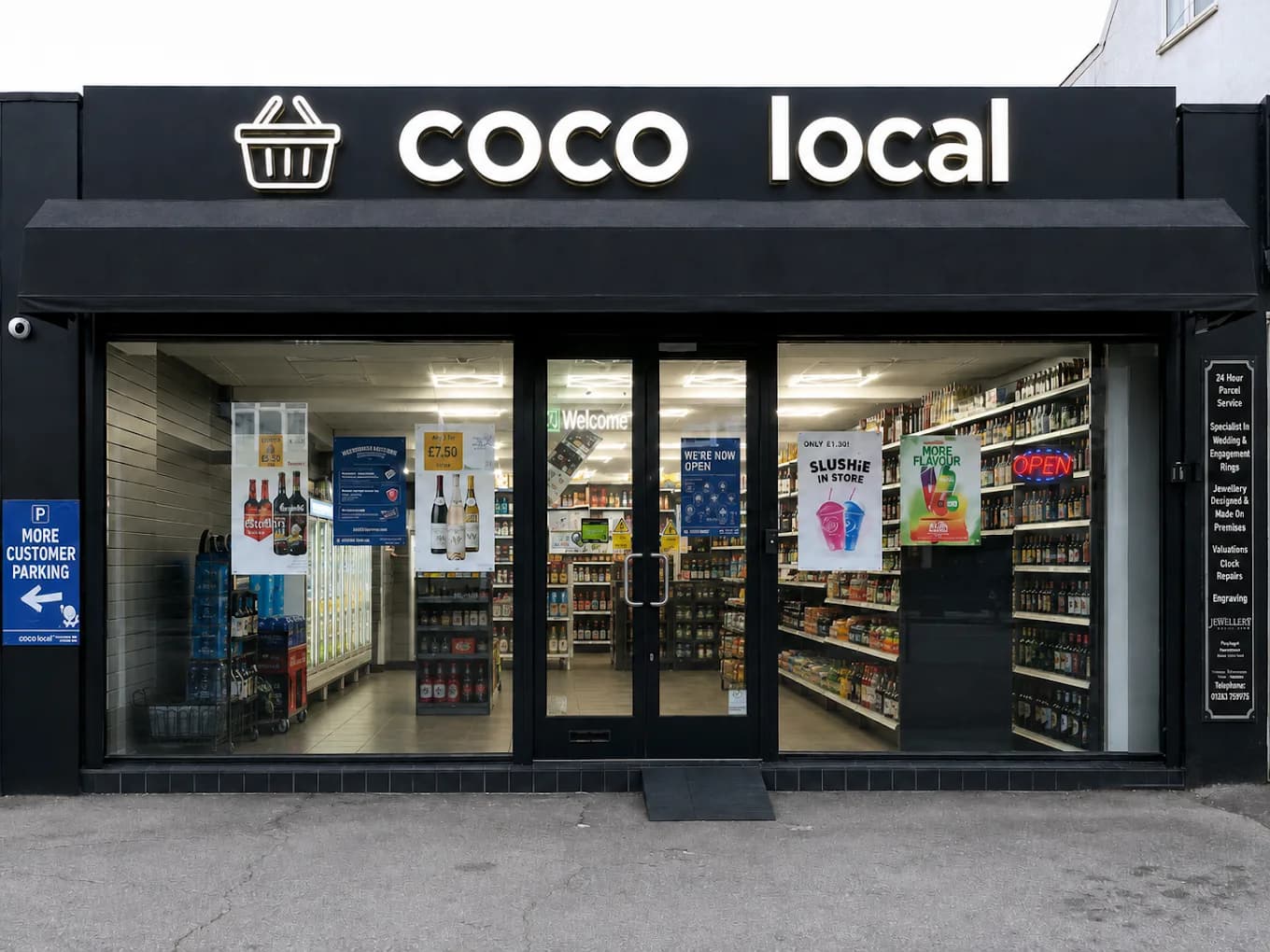 Coco Local’s entrance and shop sign at 210 High Road